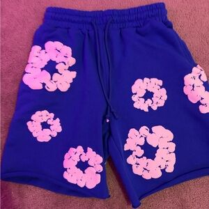 Blue Floral Graphic Sweat Shorts - Pink Flower Prints